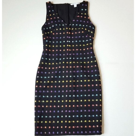 Diane von Furstenberg Sz 2 Black Tweed Boucle Sheath Pencil Dress V Neck Rainbow - Picture 1 of 16